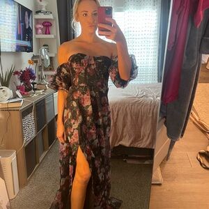 Lulu's Navy Black and Pink Floral Off-Shoulder Dress